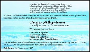 Traueranzeige von Ingo Allgrimm von Südthüringer Presse