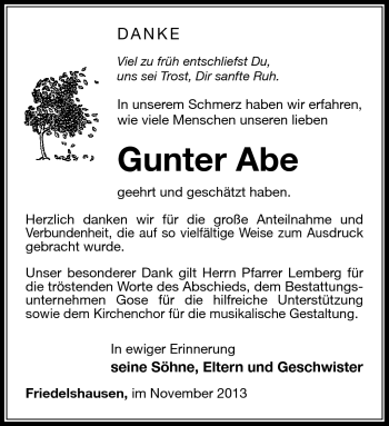 Traueranzeige von Gunter Abe von Südthüringer Presse