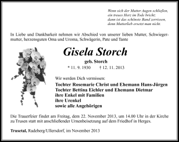 Traueranzeige von Gisela Storch von Südthüringer Presse