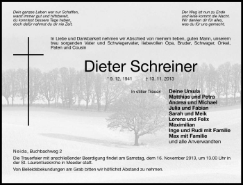 Traueranzeige von Dieter Schreiner von Neue Presse Coburg