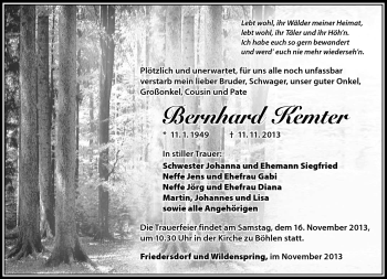 Traueranzeige von Bernhard Kemter von Südthüringer Presse
