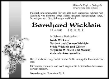 Traueranzeige von Bernhard Wicklein von Südthüringer Presse