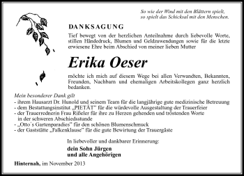 Traueranzeige von Erika Oeser von Südthüringer Presse