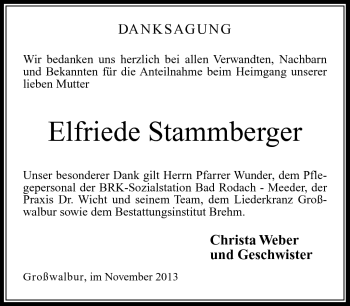 Traueranzeige von Elfriede Stammberger von Neue Presse Coburg