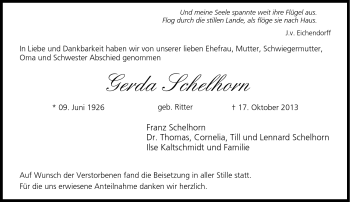 Traueranzeige von Gerda Schelhorn von Neue Presse Coburg
