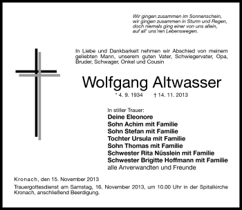 Traueranzeige von Wolfgang Altwasser von Neue Presse Coburg