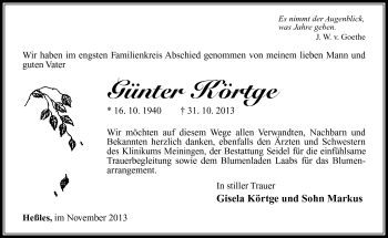 Traueranzeige von Günter Körtge von Südthüringer Presse