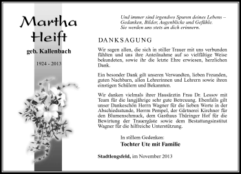 Traueranzeige von Martha Heift von Südthüringer Presse