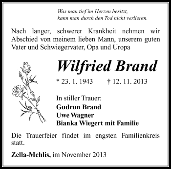 Traueranzeige von Wilfried Brand von Südthüringer Presse
