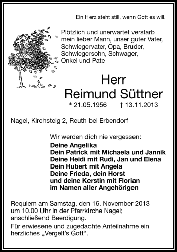 Traueranzeige von Reimund Süttner von Frankenpost