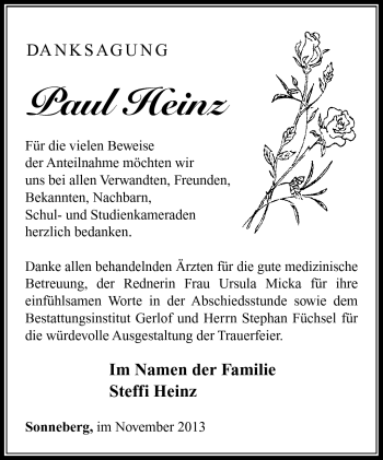 Traueranzeige von Paul Heinz von Südthüringer Presse