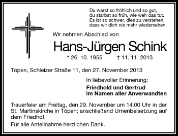 Traueranzeige von Hans-Jürgen Schink von Frankenpost
