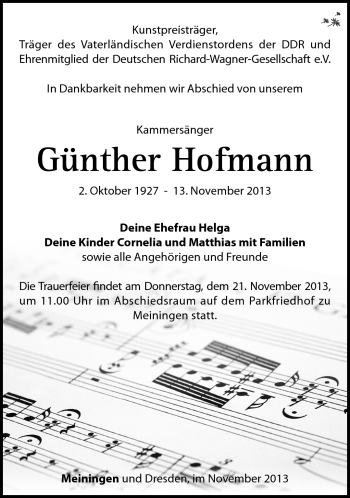 Traueranzeige von Günther Hofmann von Südthüringer Presse