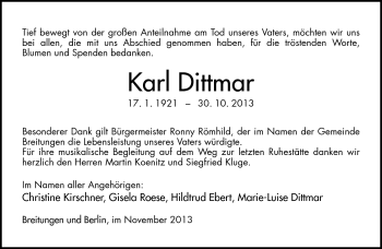 Traueranzeige von Karl Dittmar von Südthüringer Presse