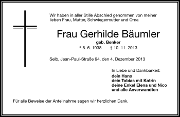 Traueranzeige von Gerhilde Bäumler von Frankenpost
