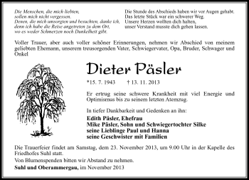 Traueranzeige von Dieter Päsler von Südthüringer Presse