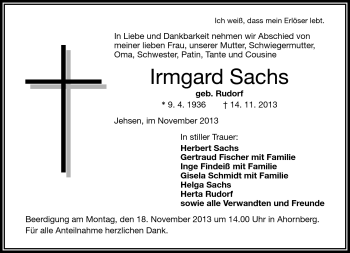 Traueranzeige von Irmgard Sachs von Frankenpost