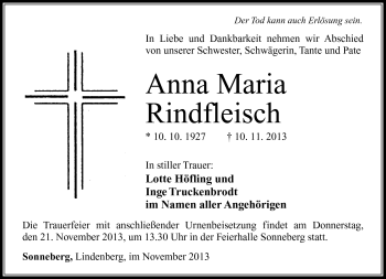 Traueranzeige von Anna Maria Rindfleisch von Südthüringer Presse