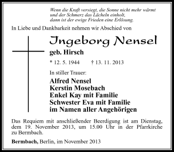Traueranzeige von Ingeborg Nensel von Südthüringer Presse