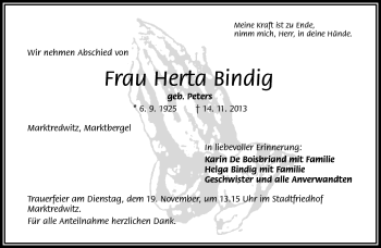 Traueranzeige von Herta Bindig von Frankenpost