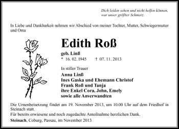 Traueranzeige von Edit Roß von Südthüringer Presse