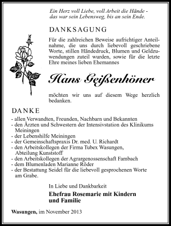 Traueranzeige von Hans Geißenhöner von Südthüringer Presse