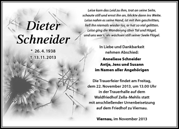 Traueranzeige von Dieter Schneider von Südthüringer Presse