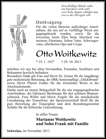 Traueranzeige von Otto Woitkewitz von Südthüringer Presse