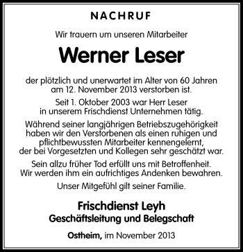 Traueranzeige von Werner Leser von Südthüringer Presse
