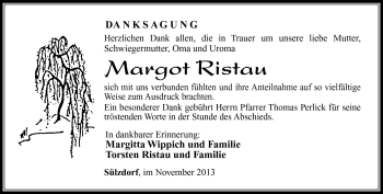 Traueranzeige von Margot Ristau von Südthüringer Presse