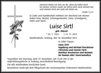 Traueranzeige von Luise Sirtl von Frankenpost