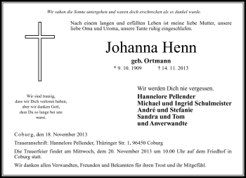 Traueranzeige von Johanna Henn von Neue Presse Coburg