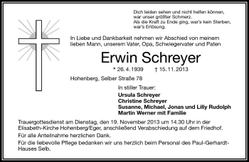 Traueranzeige von Erwin Schreyer von Frankenpost