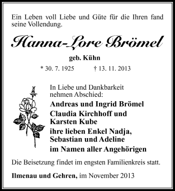 Traueranzeige von Hanna-Lore Brömel von Südthüringer Presse