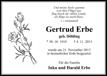 Traueranzeige von Gertrud Erbe von Südthüringer Presse