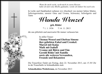 Traueranzeige von Wanda Wenzel von Südthüringer Presse