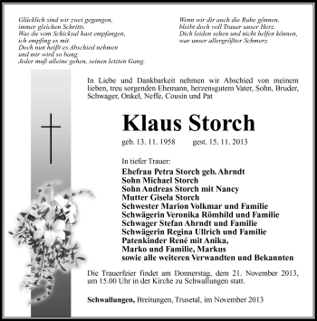 Traueranzeige von Klaus Storch von Südthüringer Presse