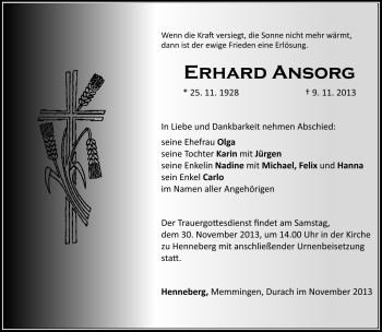 Traueranzeige von Erhard Ansorg von Südthüringer Presse