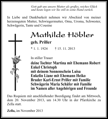 Traueranzeige von Mathilde Höbler von Südthüringer Presse