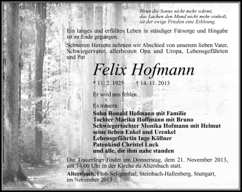 Traueranzeige von Felix Hofmann von Südthüringer Presse
