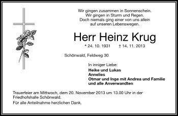Traueranzeige von Heinz Krug von Frankenpost