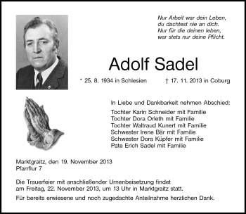 Traueranzeige von Adolf Sadel von Neue Presse Coburg