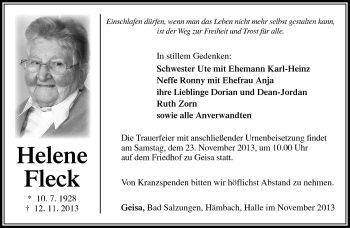 Traueranzeige von Helene Fleck von Südthüringer Presse