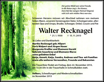 Traueranzeige von Walter Recknagel von Südthüringer Presse