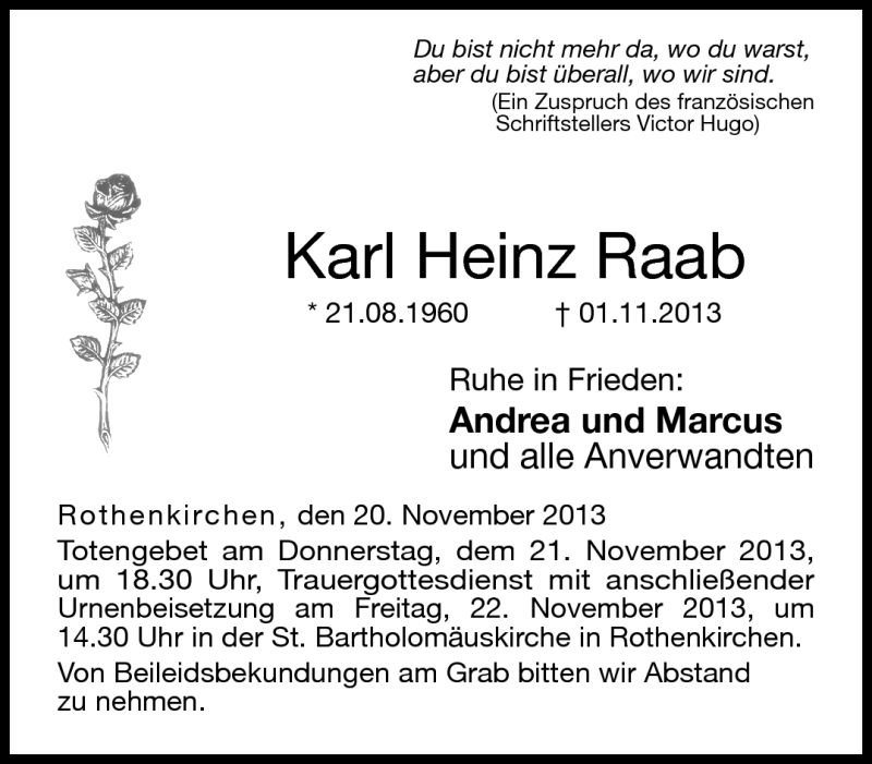 Traueranzeige für Karl Heinz Raab vom 20.11.2013 aus Neue Presse Coburg