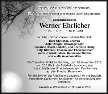 Traueranzeige von Werner Ehrlicher von Südthüringer Presse