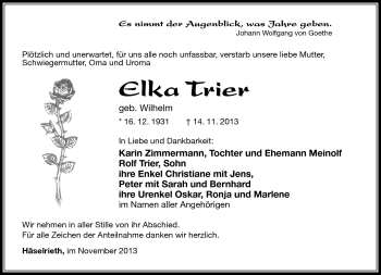 Traueranzeige von Elka Trier von Südthüringer Presse