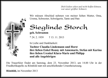 Traueranzeige von Sieglinde Storch von Südthüringer Presse