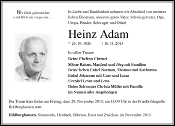 Traueranzeige von Heinz Adam von Südthüringer Presse
