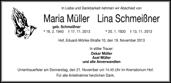 Traueranzeige von MariaLina MüllerSchmeißner von Frankenpost